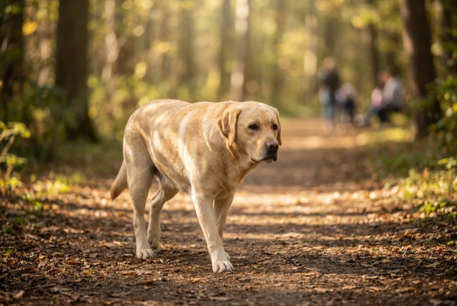 Selbstbewusster Labrador Retriever läuft entspannt auf einem sonnigen Parkweg