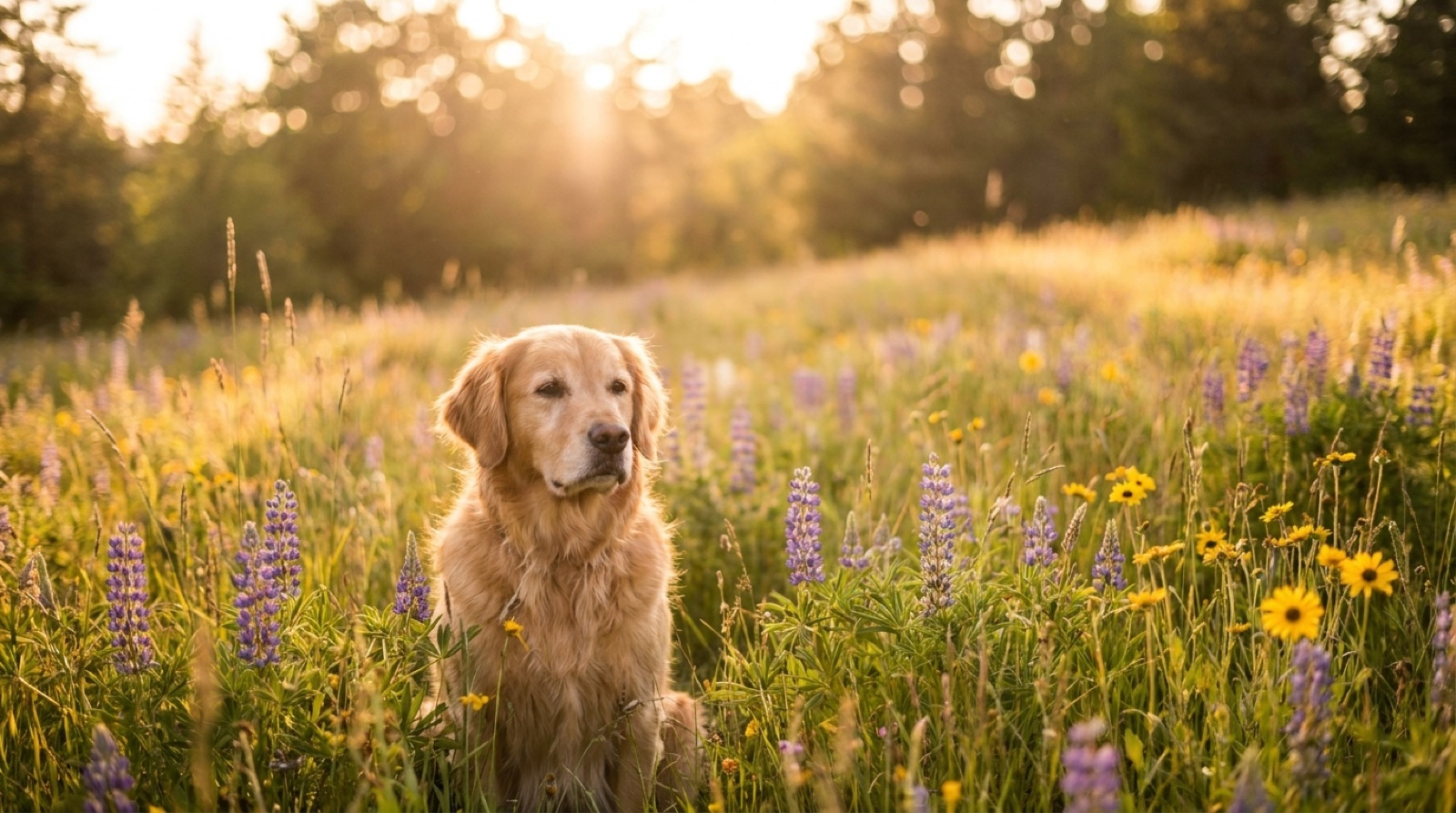 Golden Retriever sitzt ruhig auf einer Wiese im warmen Licht des Sonnenuntergangs