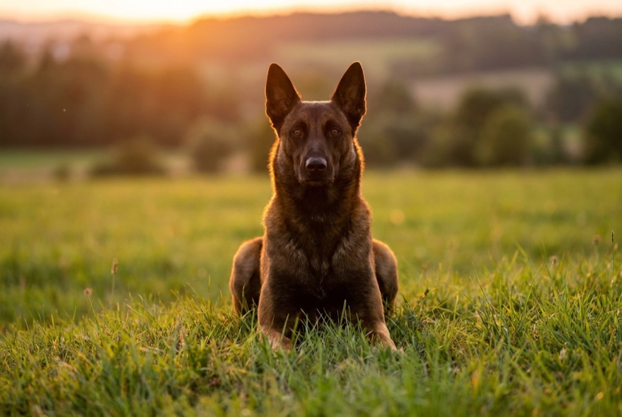 Belgian Malinois sitzt aufrecht im goldenen Abendlicht – intensiver, fokussierter Blick in die Kamera