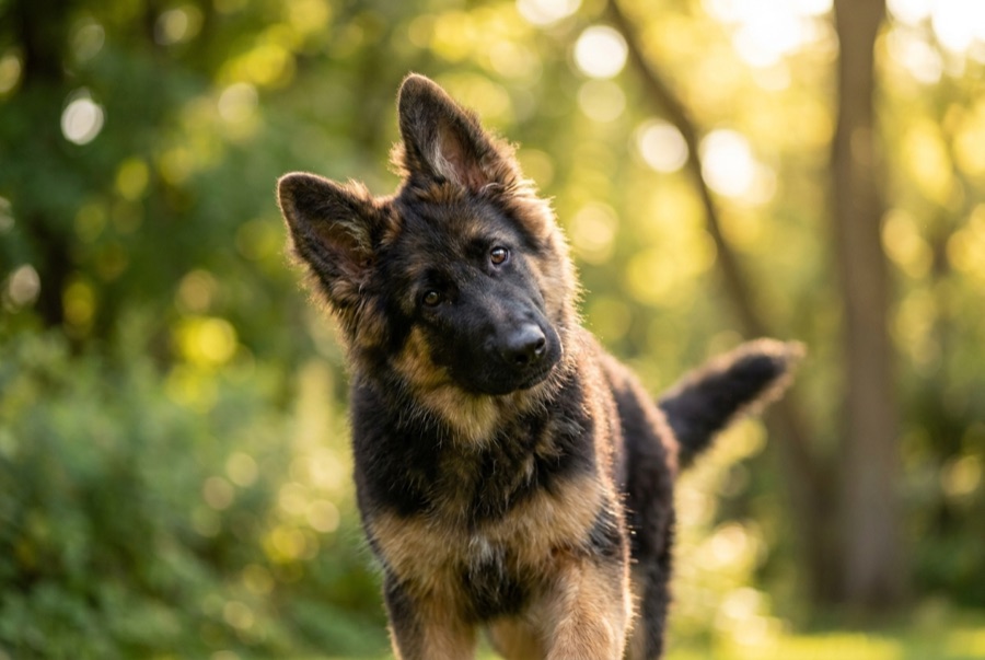 Junger Schäferhund in der Pubertät – neugieriger, unabhängiger Blick im Sonnenlicht