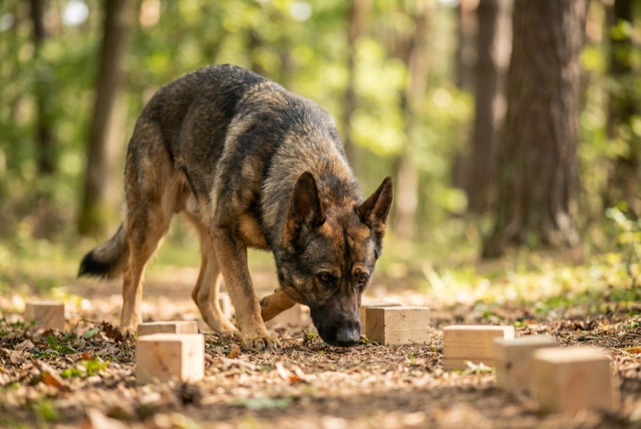 Schäferhund bei der Objektsuche – Nase am Boden, intensive Konzentration beim Spurensuchen