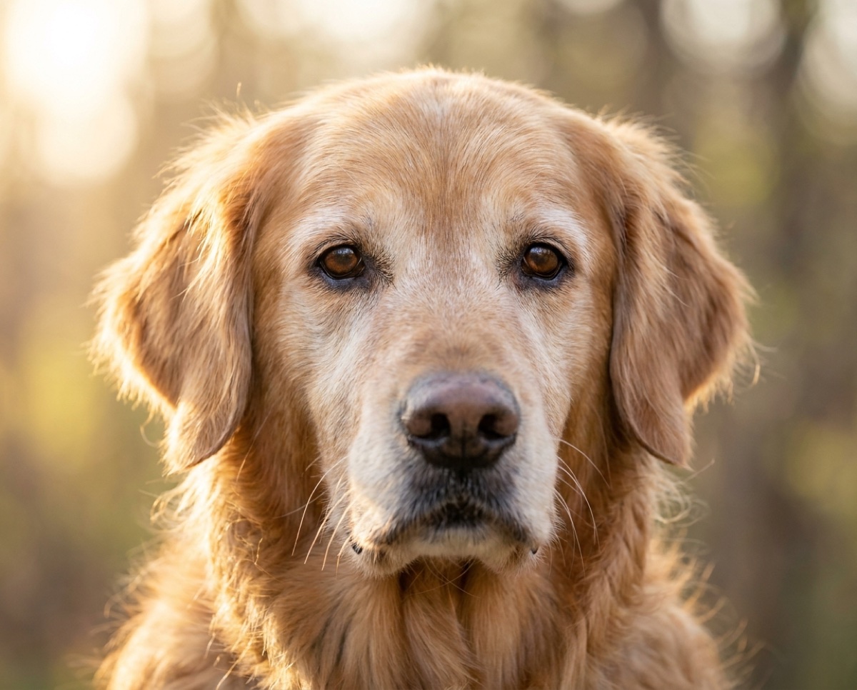 Nahaufnahme eines ruhigen Golden Retrievers mit sanften, vertrauensvollen Augen – Symbol für Bindung und Vertrauen